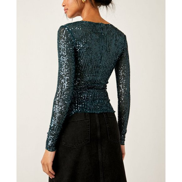 Free People Sequin Long Sleeve Top - Teal - Picture 3 of 5